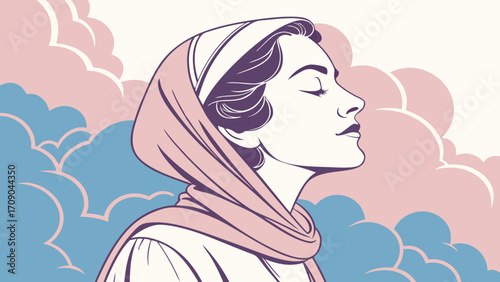 Serene Woman Profile with Pastel Clouds Elegant Vector Art Illustration.