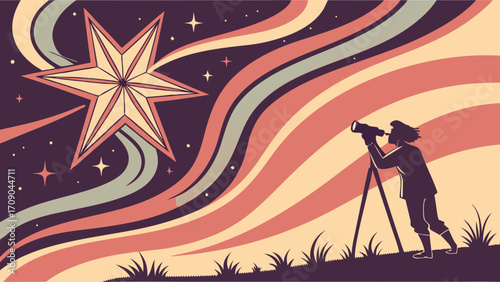 Stargazing Silhouette with Retro Style Star and Swirling Night Sky Illustration.