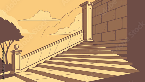 Stone staircase illustration steps leading upwards outdoor scene warm color palette architectural design background wall balustrade tranquil setting summer peaceful calm idyllic sere.