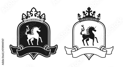 Coat of arms with unicorn and ribbon tape with shield, crown. Heraldic crest medieval emblems logo fantasy kingdom. Coat of arms vintage vector graphic design monochrome black and white illustration
