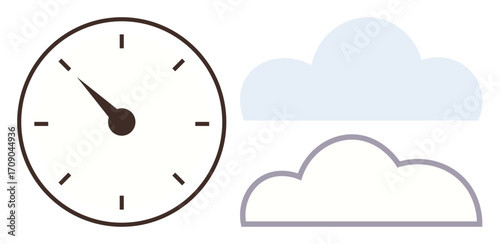 Clock face with simple markings paired with two cloud designs in clean lines and pastel tones. Ideal for time management, weather forecast, simplicity, clarity, planning, design concepts, modern