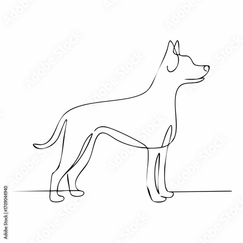 Minimalist single-line drawing of a standing dog with a wagging tail, elegant and modern illustration