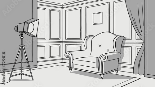 Studio Room Interior Design with Armchair and Lighting Setup for Photography or Videography.