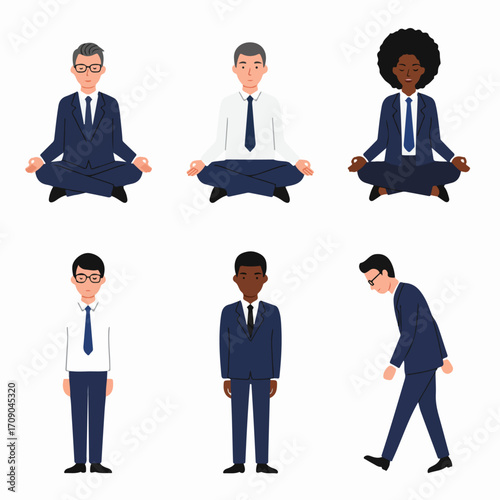 Businessmen Meditating and Engaging in Daily Activities, Illustrating Workplace Wellness, Stress Management, and Diverse Professional States.