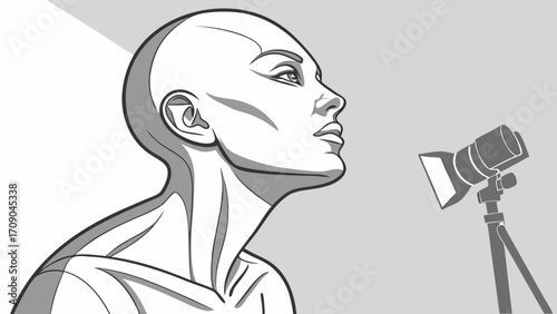 Stylish Monochrome Illustration of a Persons Profile with Studio Lighting Setup.