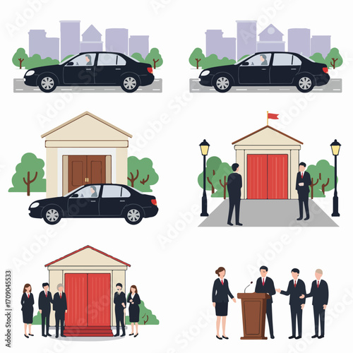 Vector illustration of a formal event process, including executive transportation, arrival at an official building, group assembly, and public address.
