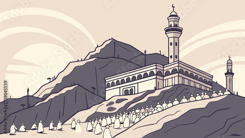 Stylized illustration of a religious pilgrimage site with a large gro
