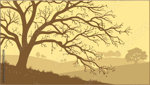 Stylized illustration of a large tree in a landscape nature scene autumnal colors simple design vector illustration minimalist art countryside scene.