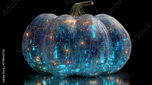Futuristic digital pumpkin glows with circuit board design, perfect for Halloween tech themes and innovation