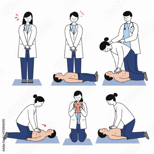Medical staff demonstrates CPR techniques: A step-by-step guide for emergency life support and first aid training.