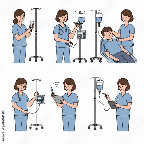 Nurses manage IV drips and patient care using modern medical technology, infusion pumps, and digital devices for efficient healthcare delivery.