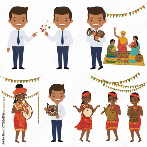 Diverse vector illustrations depicting Indian culture, traditional music, festive celebrations, and smiling people in various professional and casual settings.