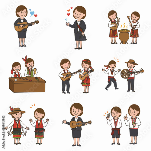 Diverse cartoon illustrations featuring people engaging in music, cultural activities, and business, blending traditional heritage with modern life and leisure.