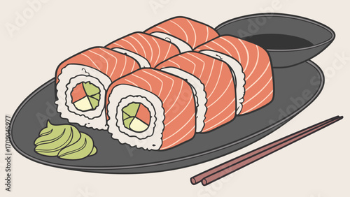 Sushi rolls salmon maki japanese food soy sauce wasabi chopsticks asian cuisine seafood restaurant menu food illustration graphic design delicious healthy food fresh elegant appet.