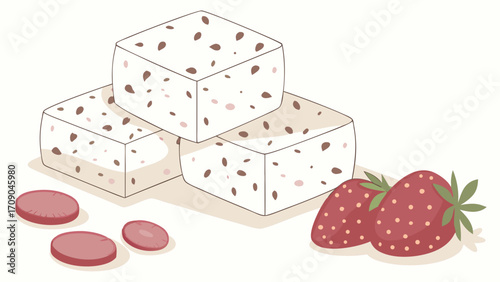 Sweet Treat Cubes of Dessert with Strawberries Illustration.