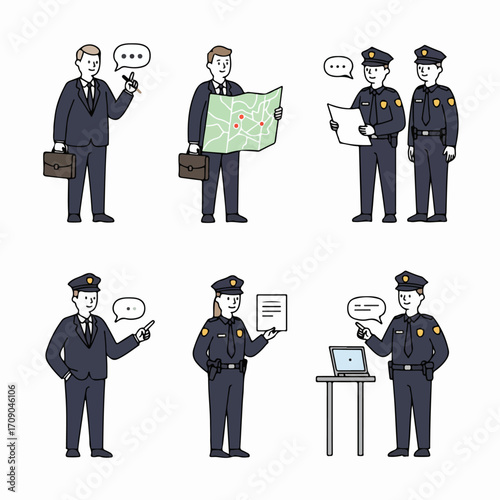 Police and Business Professionals: A Set of Illustrations Depicting Investigation, Discussion, and Official Duties.