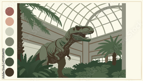 Tyrannosaurus Rex in a Botanical Garden Prehistoric Animal Illustration Green Tones Museum Exhibit Poster.