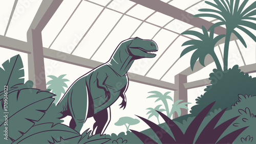 Tyrannosaurus Rex in a Tropical Greenhouse Prehistoric Botanical Illustration.