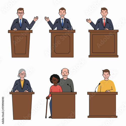 Diverse Speakers at Podiums: Illustrations of Public Speaking, Communication, and Presentation for Debates, Conferences, and Lectures.