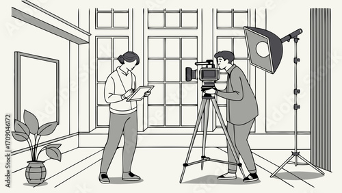Video Production Studio Film Crew Cameraman Interview Broadcasting Television Movie Making Digital Content Creation Video Recording Content Creator Production Set Studio Setup Film Eq.