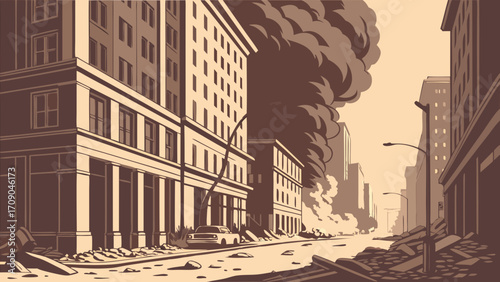 Urban destruction city street scene after disaster catastrophe illustration apocalyptic cityscape buildings damaged rubble smoke devastation post-apocalyptic ruined buildings city in ru.
