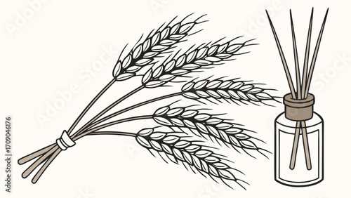 Wheat stalks and reed diffuser illustration aromatherapy natural scent home fragrance grain harvest botanical design element.