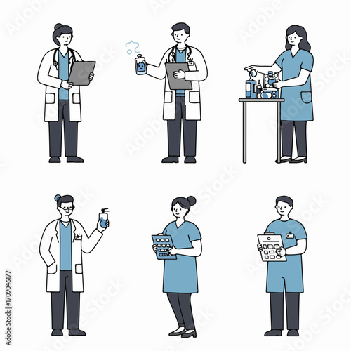 Diverse medical professionals at work: doctors, nurses, and lab technicians illustrating healthcare services and scientific research in a friendly doodle style.