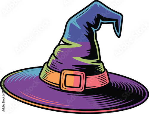 Purple witch hat with orange and pink buckle vector