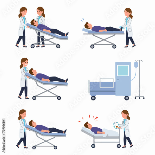Healthcare professionals provide medical care and assistance to male patients on stretchers and hospital beds, illustrating emergency and recovery scenarios.