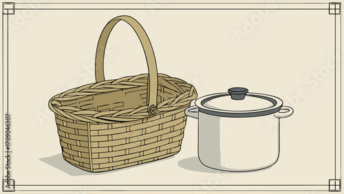 Wicker Basket and Covered Pot Rustic Kitchen or Picnic Illustration.