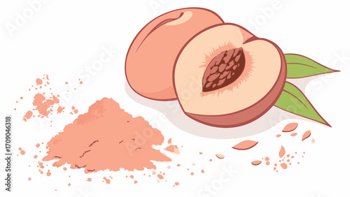Whole Peach Fruit with Powder and Leaves Illustration Healthy Food Design Peach Pit Peach Slice Summer Fruit Natural Food Vitamin C Fresh Peach Peach Dessert Food Illustration Peach Bac.