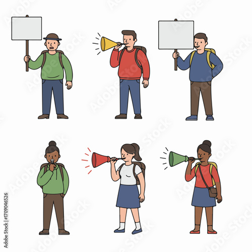 Diverse group of young people demonstrating with blank signs and megaphones, symbolizing protest, advocacy, and public communication.