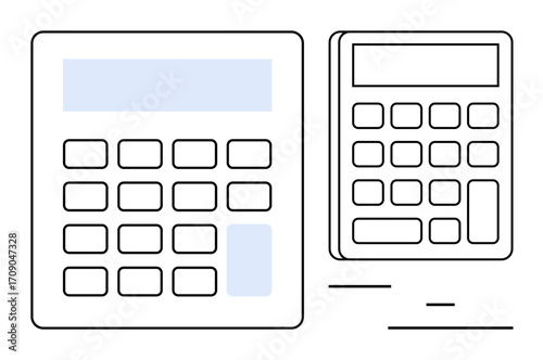 Two outlined calculators with large, visible keypads, emphasizing clarity and simplicity. Ideal for finance, education, math, budgeting, accounting, business tools and simple landing page