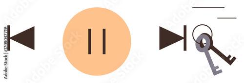 Rewind, pause, and play buttons interact with flowing keys concept, linking media controls and unlocking access. Ideal for technology, user interface, security, digital media, communication