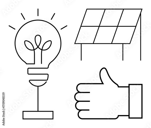 Lightbulb with plant filament, solar panel, and thumbs-up hand. Ideal for sustainability, renewable energy, eco-friendliness, innovation, technology, green living simple landing page