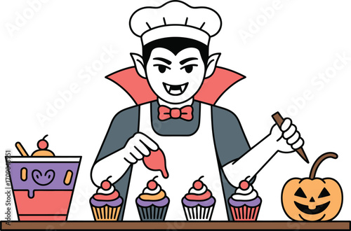Vampire baker decorating cupcakes and carving pumpkin