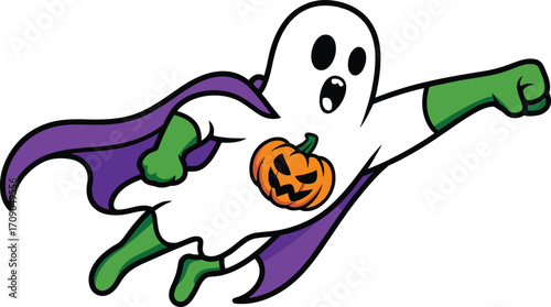 Cartoon ghost flying with pumpkin and purple cape halloween