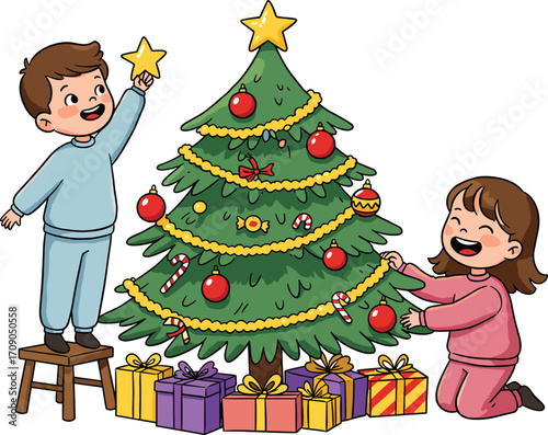 Happy kids decorating Christmas tree with colorful ornaments, gifts under tree, boy placing star on top, girl smiling, festive holiday celebration, joyful family moment.
