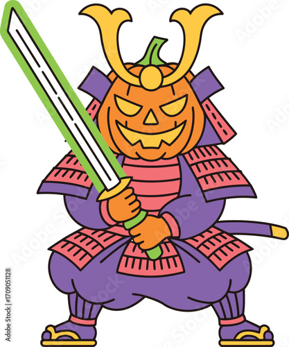 Jackolantern samurai warrior holding green sword halloween