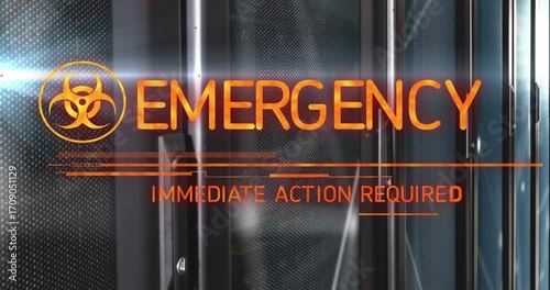 Emergency graphic fading in, sliding bars, subtitle glitching shifting to immediate action required
