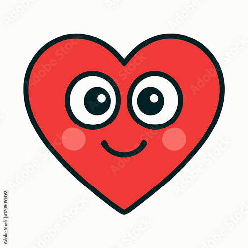 Flat vector illustration of a heart shape with cartoon eyes and blush on a white background