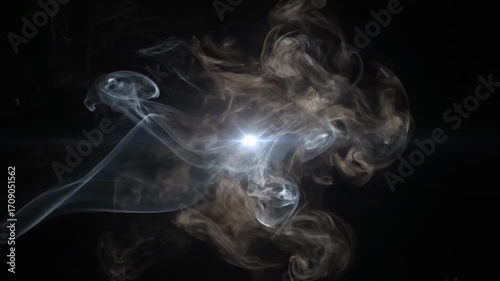 A subtle white light flare pulses rhythmically, illuminating swirling smoke textures in a dark, seamlessly looping abstract video radiant, sophisticated, light