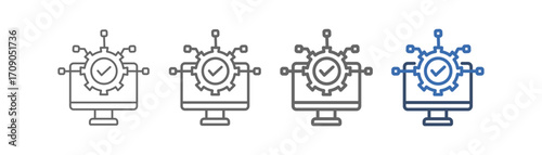 
outline icon set system integration with computer and gear design and check mark