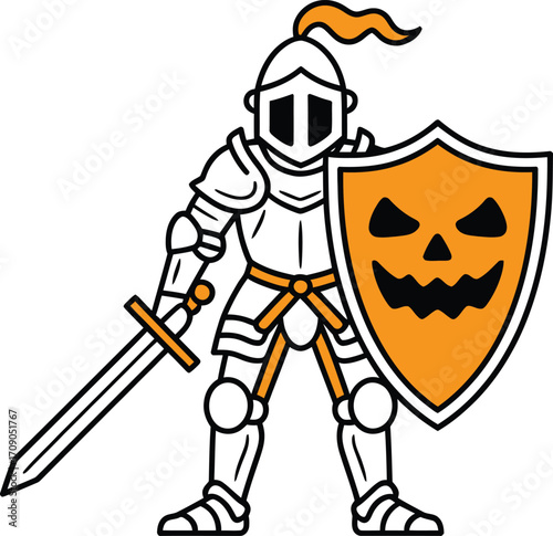 Cartoon knight with pumpkin shield and sword armor