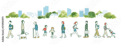 町を行き交う人々　ベクターイラスト