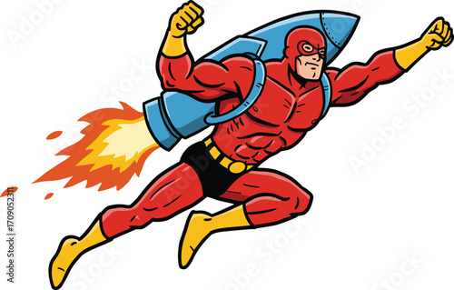 Powerful superhero flying with jetpack, comic character in red costume, fire trail, action pose, strong muscles, cartoon illustration, heroic speed.Powerful superhero flying with jetpack, comic 