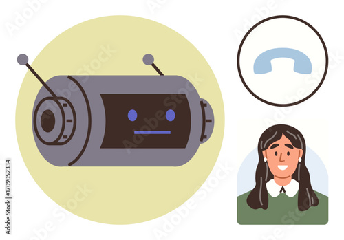 Robot with antennas and neutral face beside a smiling person and phone receiver. Ideal for artificial intelligence, customer service, chat technology, automation, support, communication, simple flat