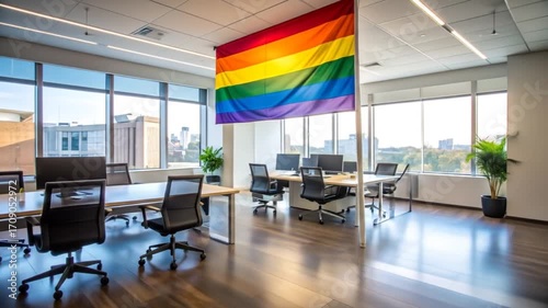Modern Office Space with Pride Flag: Workplace Diversity and Inclusion