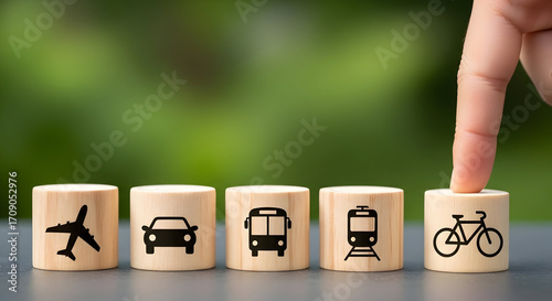 Choosing sustainable travel options with finger selecting bicycle icon for eco-friendly journeys