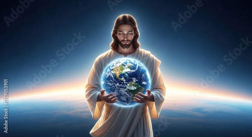 Fototapeta Naklejka Na Ścianę i Meble -  Jesus Christ, the savior, gently holding a glowing planet Earth while floating in space with a divine light. A concept of creation, faith, and hope.